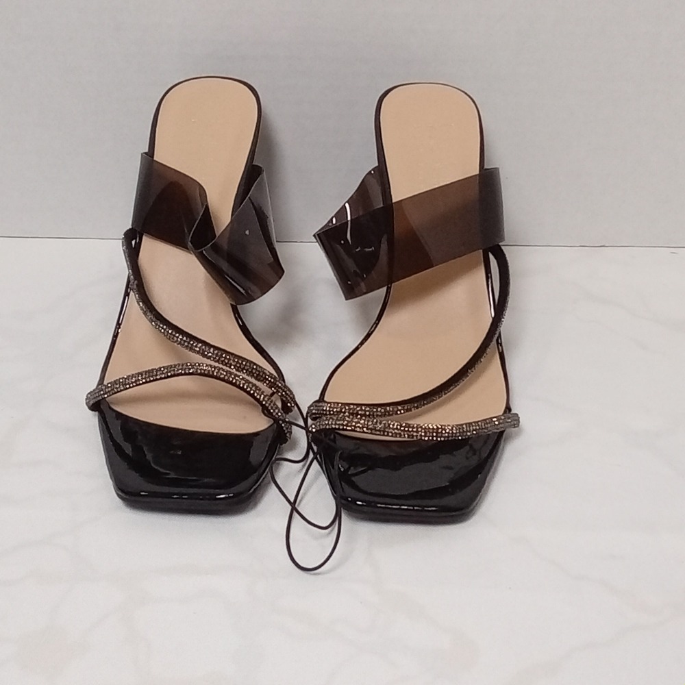 Nicole Miller Strappy Block Heel Size 7.5 Black Patent 4" Heel Embellished Strap